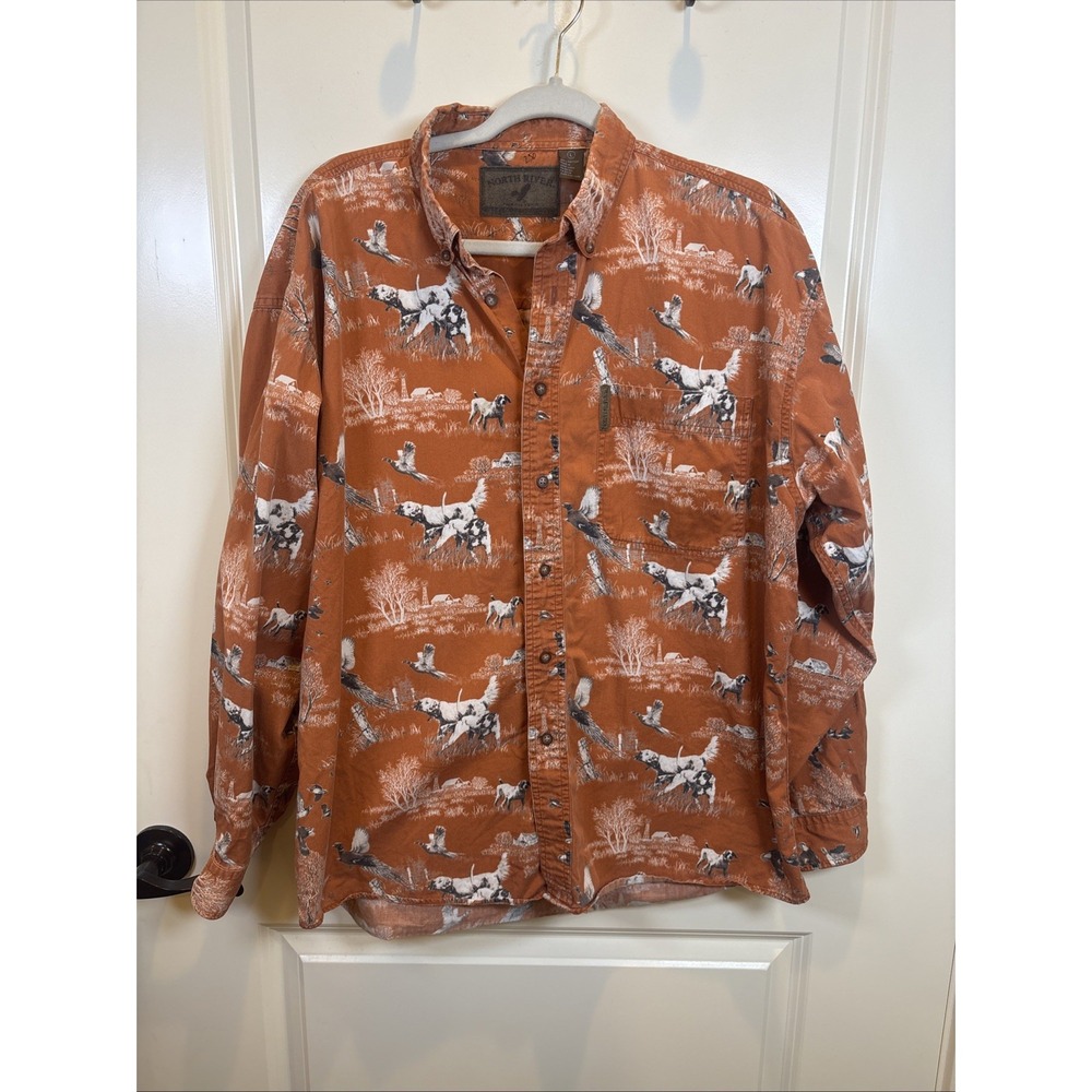 North River Outfitters Size Large Rust Orange Dog Pheasant Wildlife Print Shirt